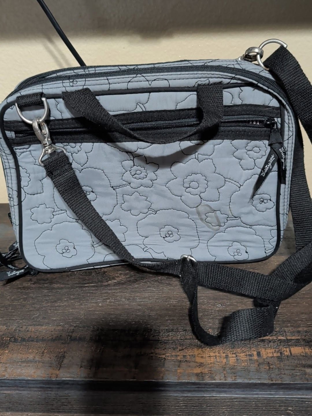 Quilted Floral Crossbody Bag in Light Gray with Black Trim